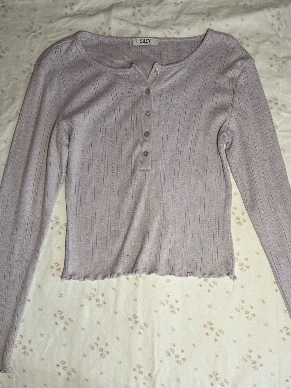 Suzy Shier Cream Ribbed Henley Long Sleeve Top
